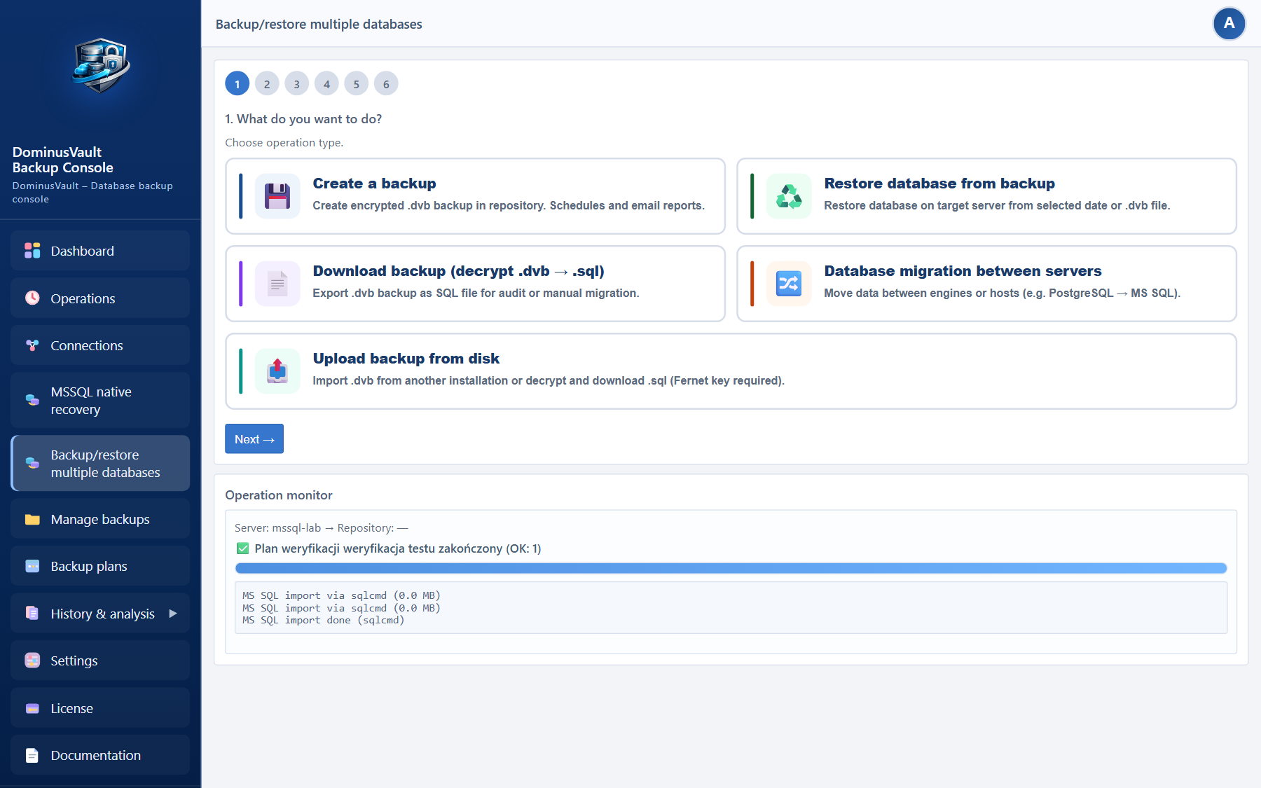 Backup/restore wizard — choose operation