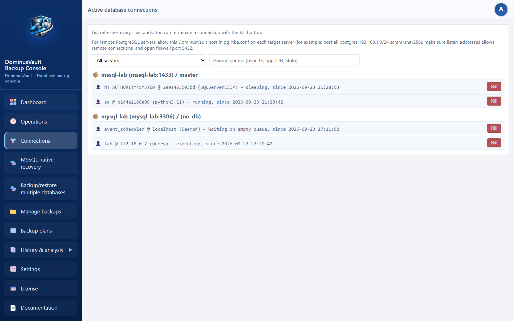 Database connections — session view