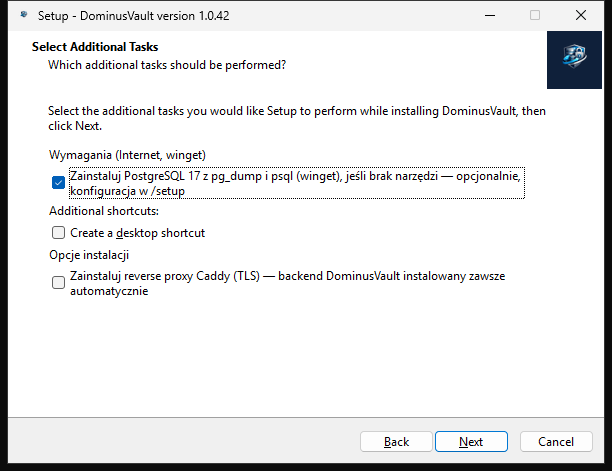 Windows installer — additional tasks