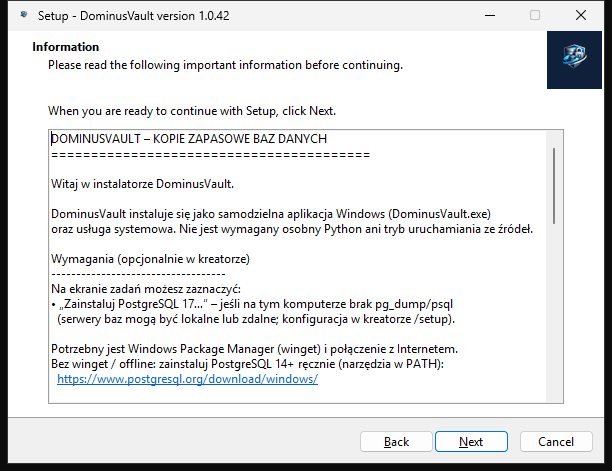 Windows installer — information (README) page