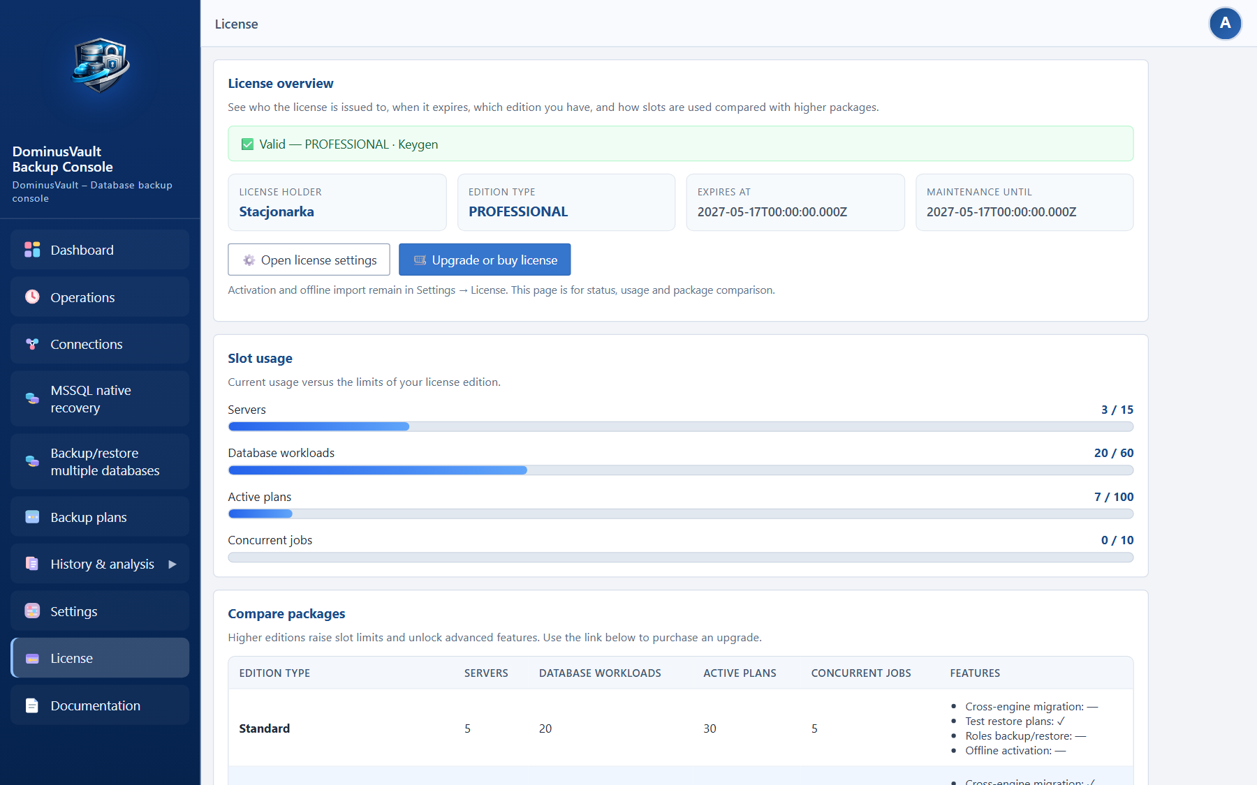 DominusVault license overview
