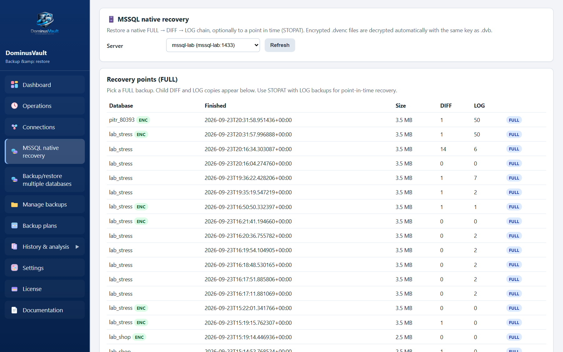 Native MS SQL recovery — FULL, LOG and STOPAT