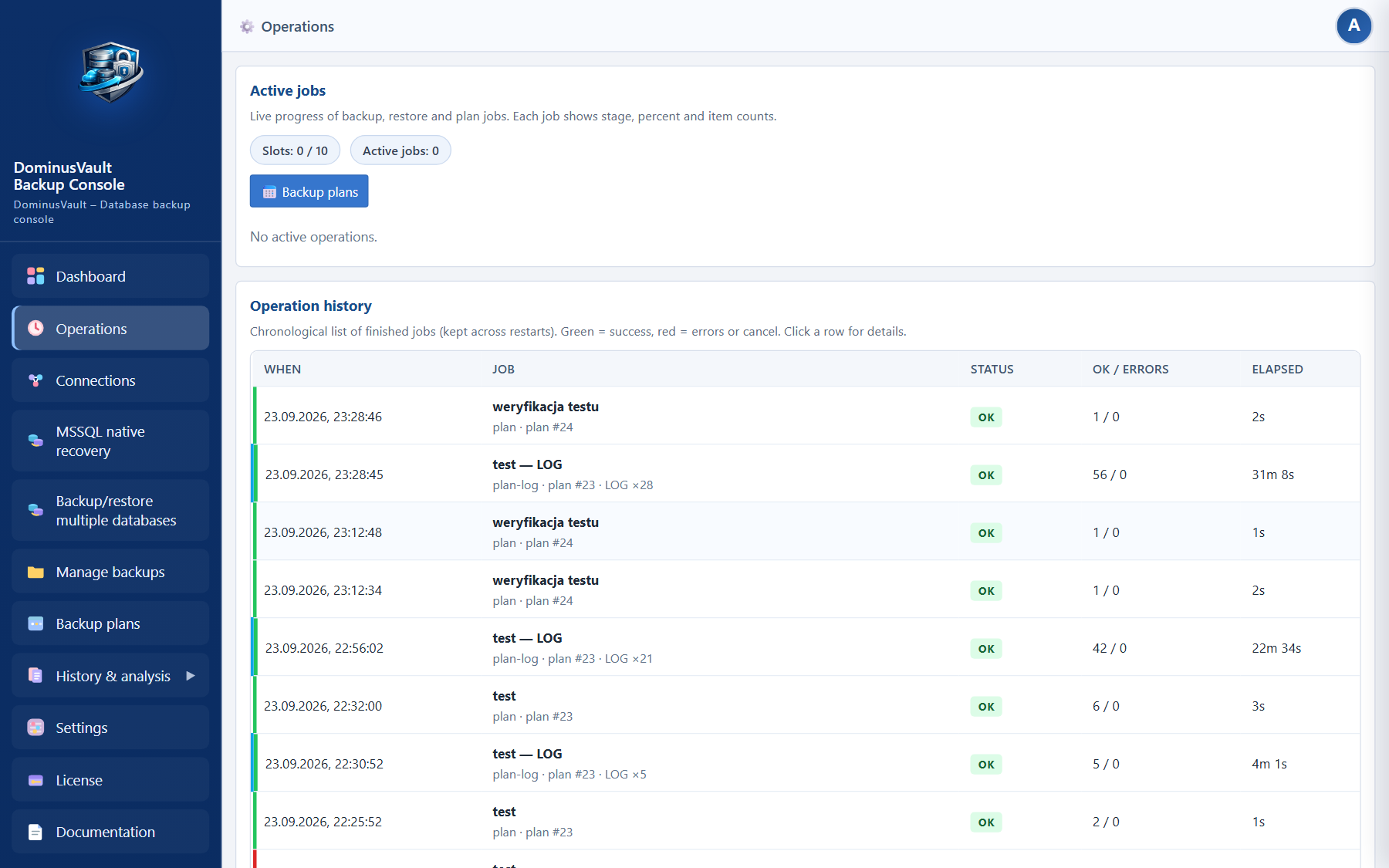 Operations page — job progress and history