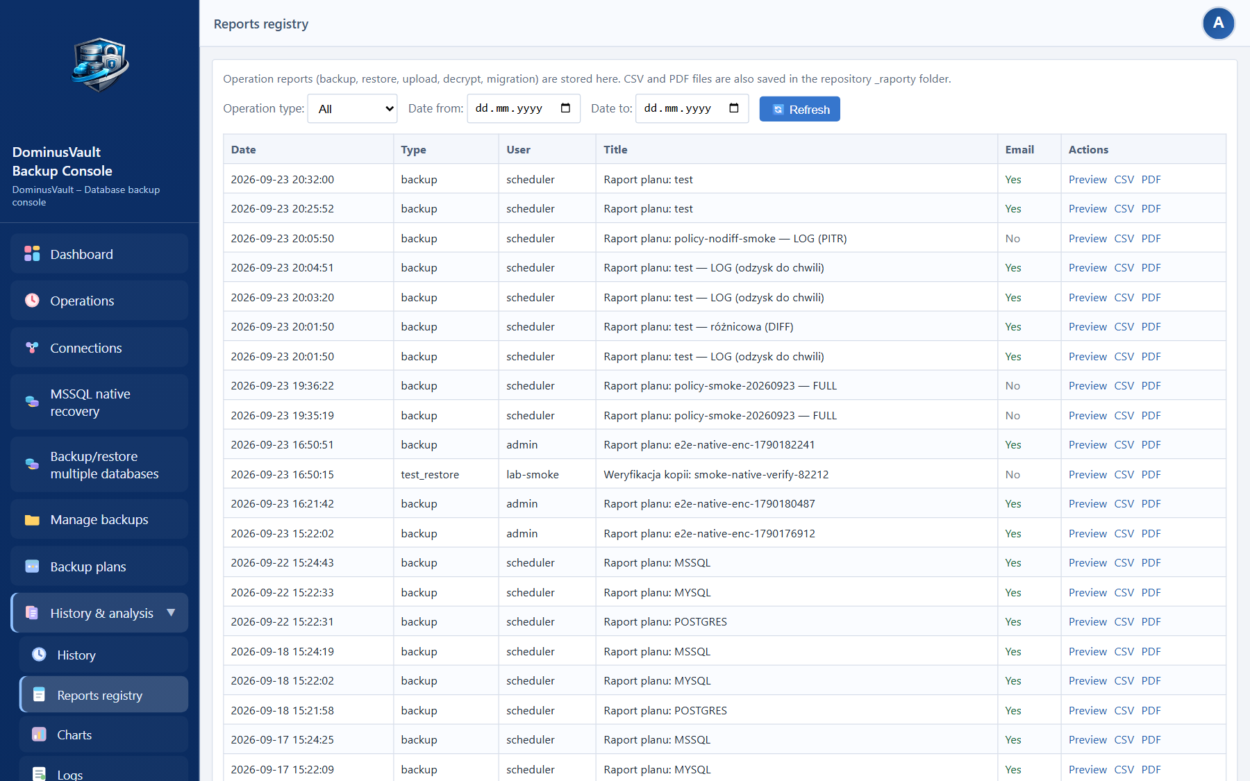 CSV/PDF reports registry