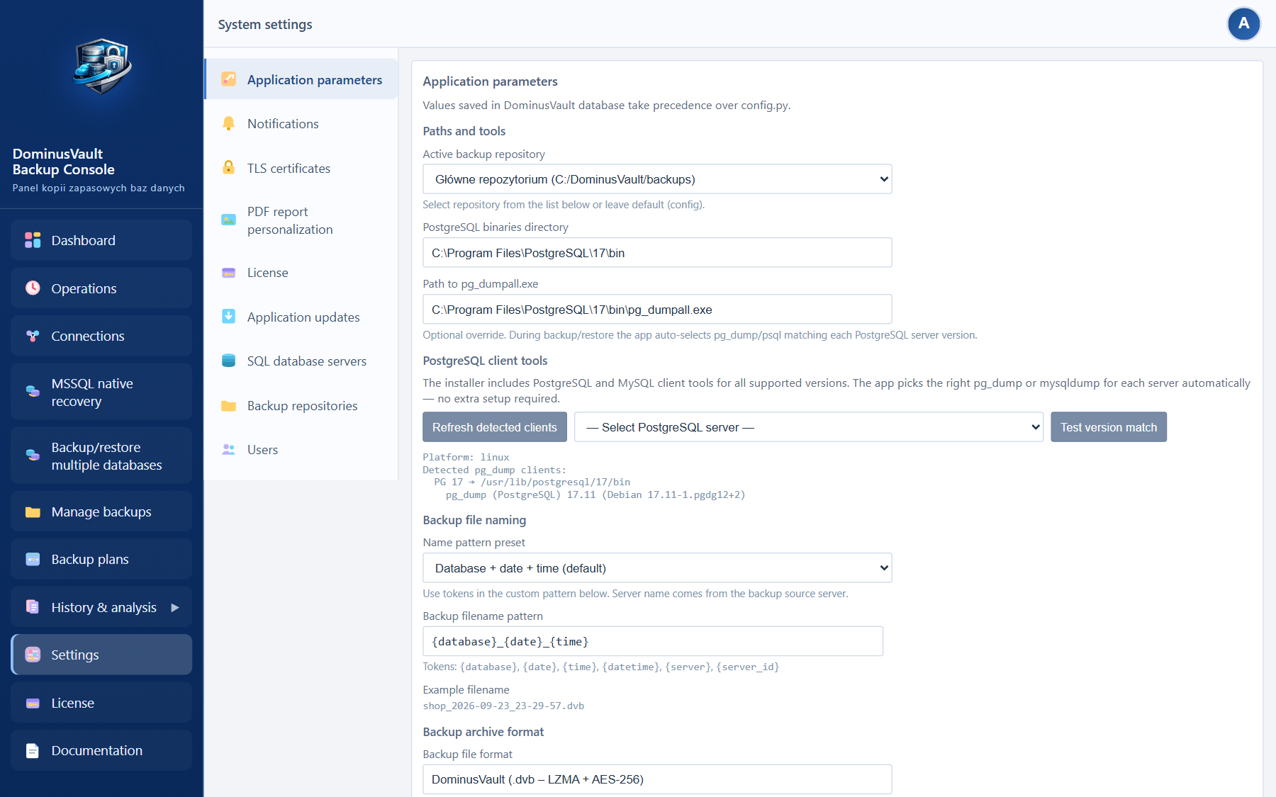 Settings — Application parameters