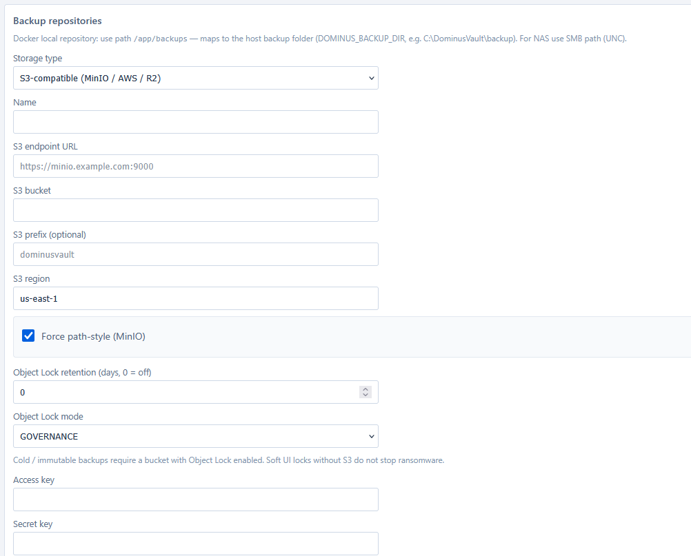 DominusVault Settings — S3-compatible repository form (English UI)