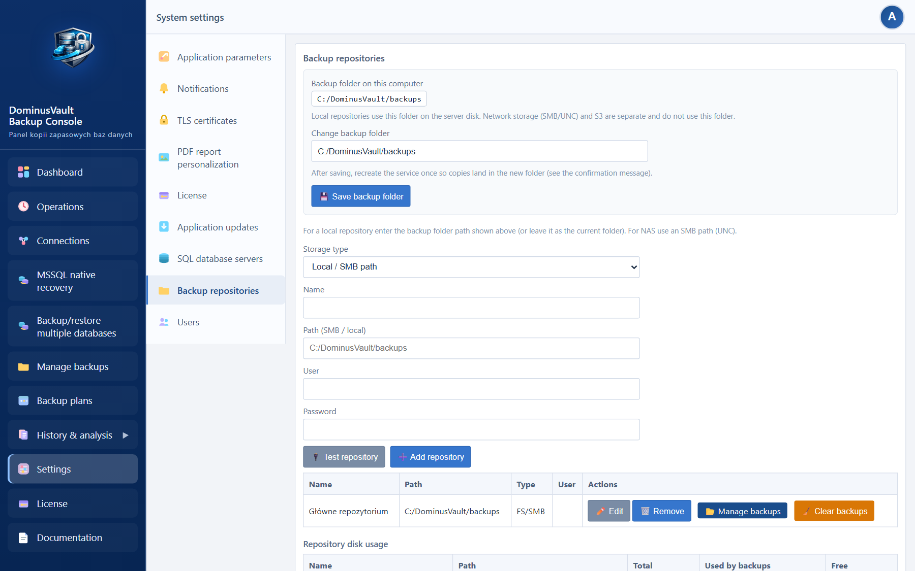 Settings — Backup repositories