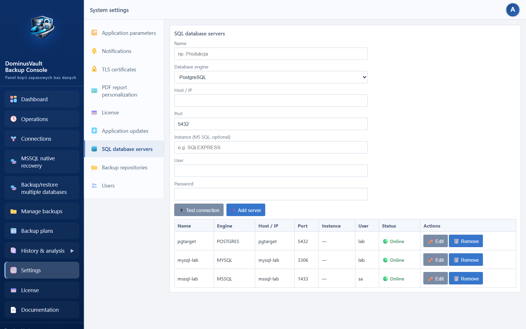 Settings — SQL database servers