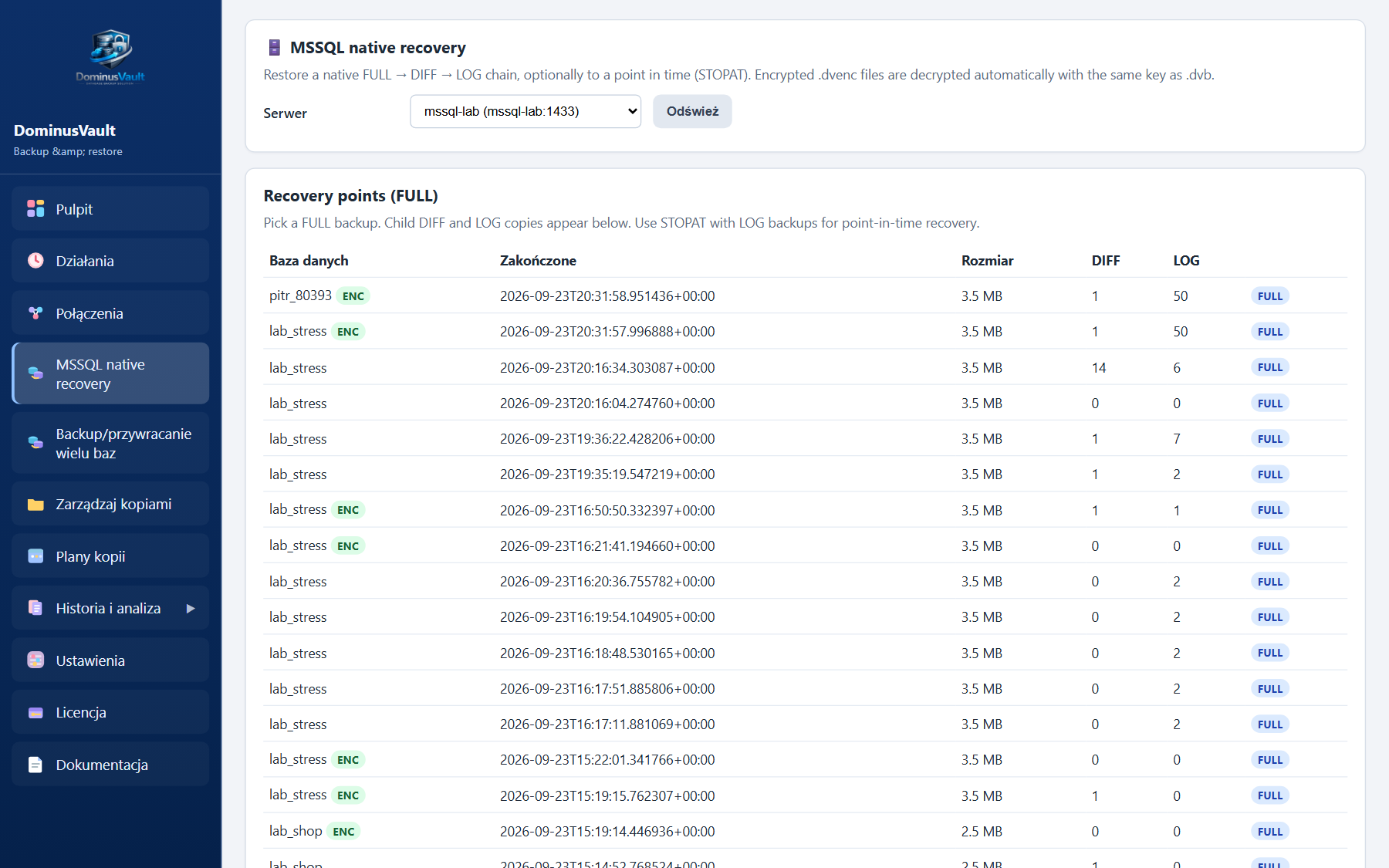 Odzysk native MS SQL — punkty FULL, LOG i STOPAT