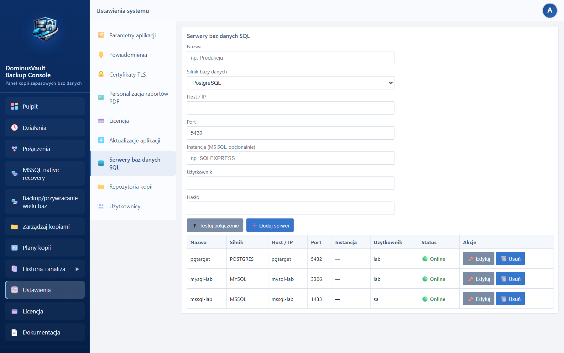 Ustawienia — Serwery SQL